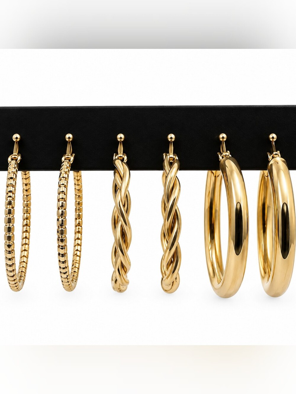 💎 3 Pair Gold Tone Hoop Earrings Set Textured Twisted Chunky Statement NWOT